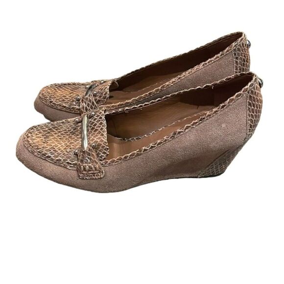Donald J Pliner Tan Suede Wedge Shoes Womens Size 8.5N Snakeskin Leather - Picture 3 of 12